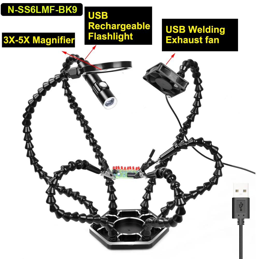 Toolour Helping Hand Soldering Third Hands with 6 Flexible Arms LED Flashlight Magnifying Glass Welding Smoke Exhaust Fan