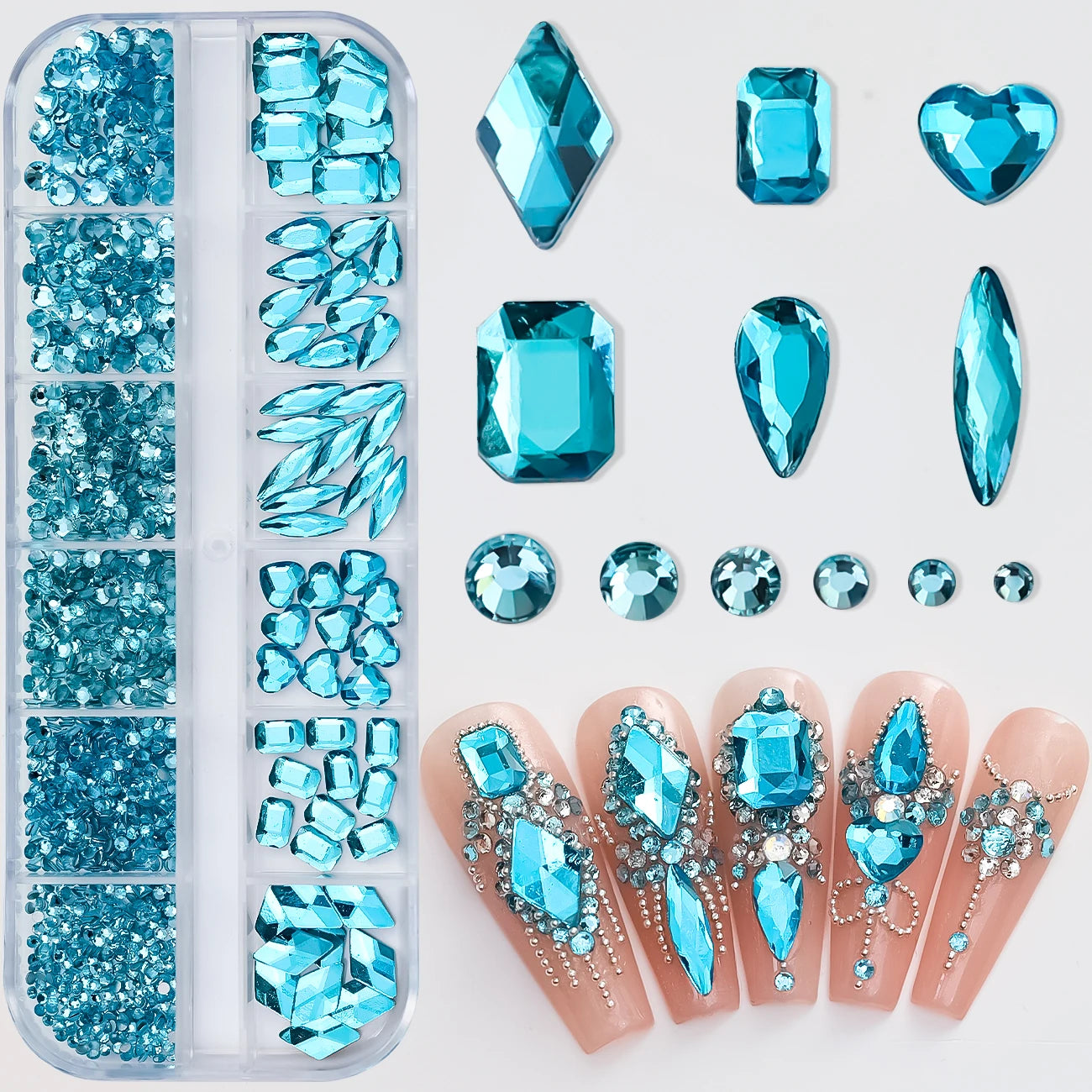 12Grids 3D Pink Nail Art Rhinestones Flatback Glass Gems Stones Nail Art Decorations Luxurious Diamond DIY Manicure Accessories