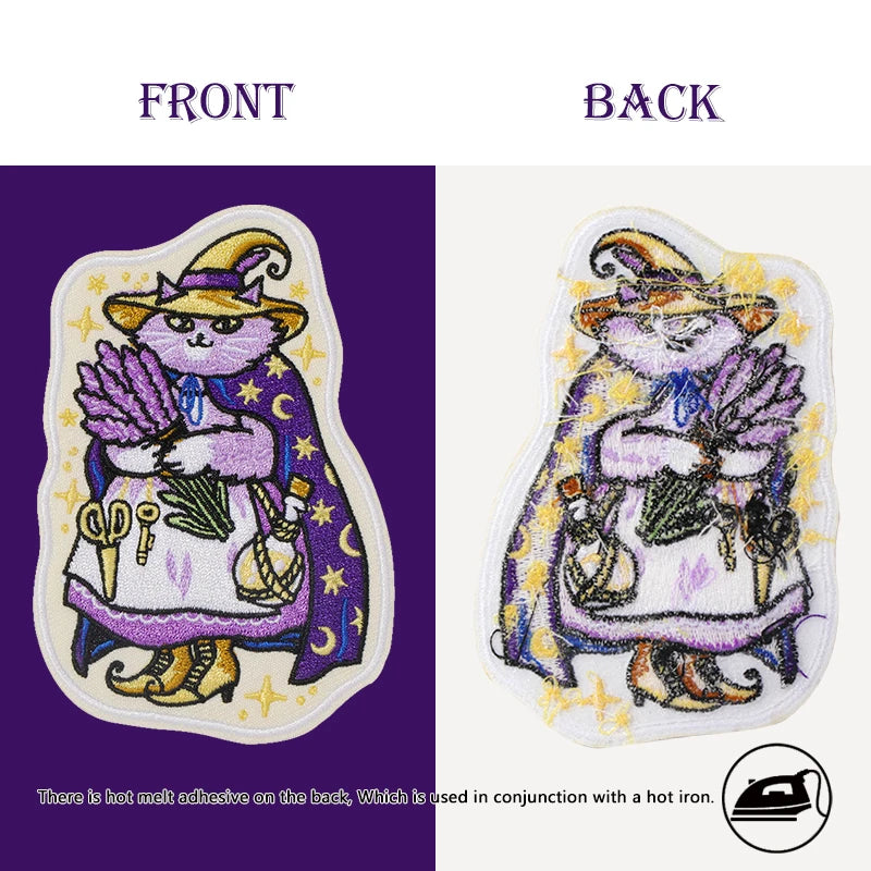 1PC Lavender Witch Cat Embroidered Patch Magic Funny Cartoon DIY Gift Sew Iron On Patches For Clothes Cap Bag Jacket Trucker Hat