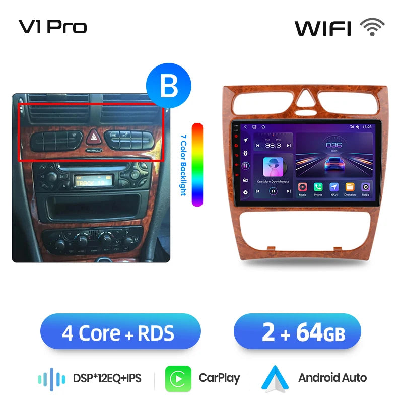 Junsun Wireless CarPlay Android Auto Car Radio For Mercedes-Benz C-Class (W203) / CLK-Class (C209/A209) 2000-2009 Built-in Cooling Fan Android GPS Navigation Multimedia Player WiFi DSP RDS BT SWC IPS Touch Screen Autoradio Vi