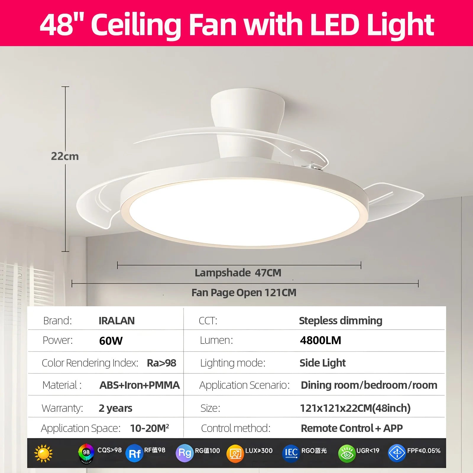 IRALAN Ceiling Lights with Fan Smart Retractable Fan Blade Home Electric Fan Dimmable with Remote Control Led Living Room Light