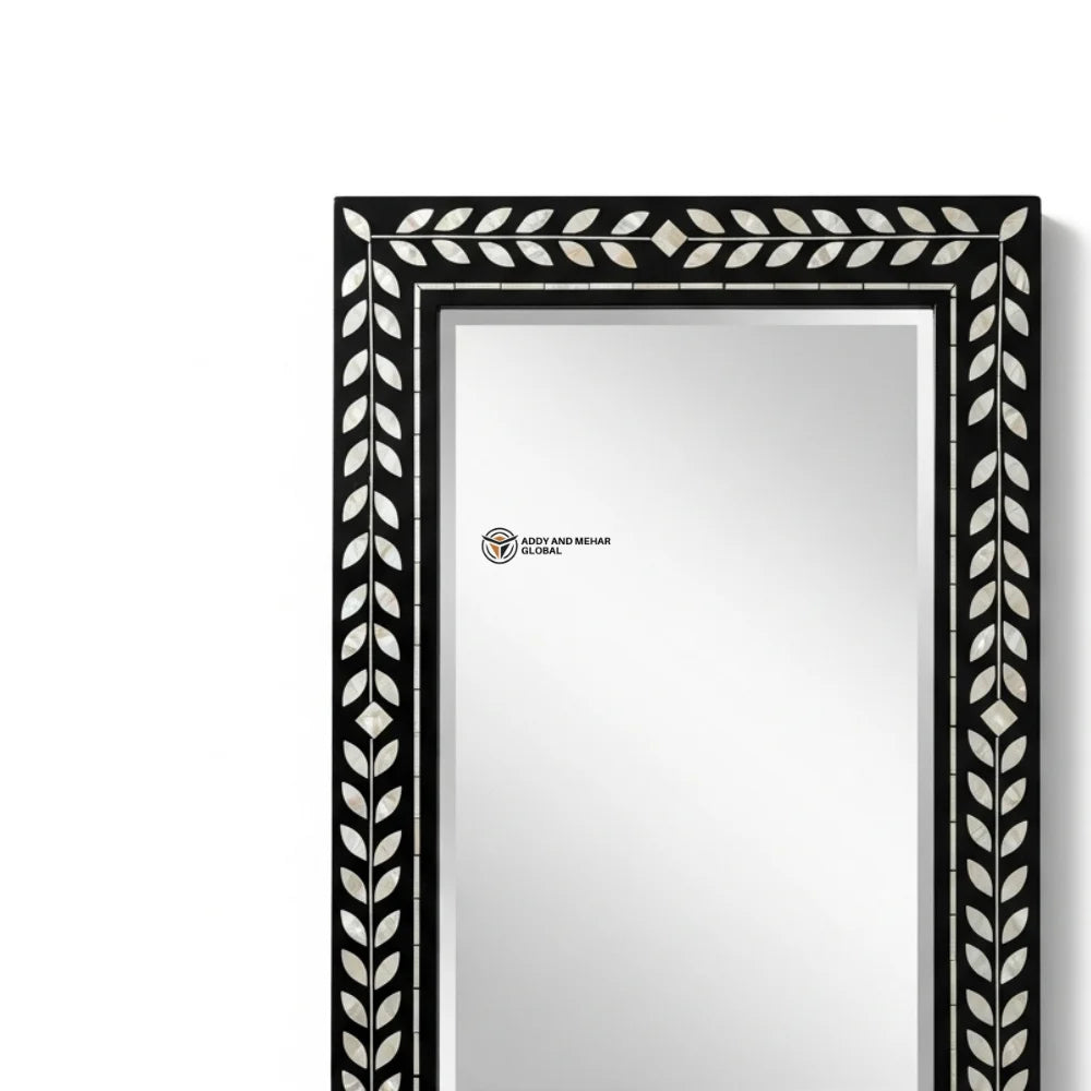 Luxury Art Deco Square Wedding MOP Inlay Decorative Mirror Intricate Leaf Motif Deep Black Wooden Frame Handmade Eco-Friendly