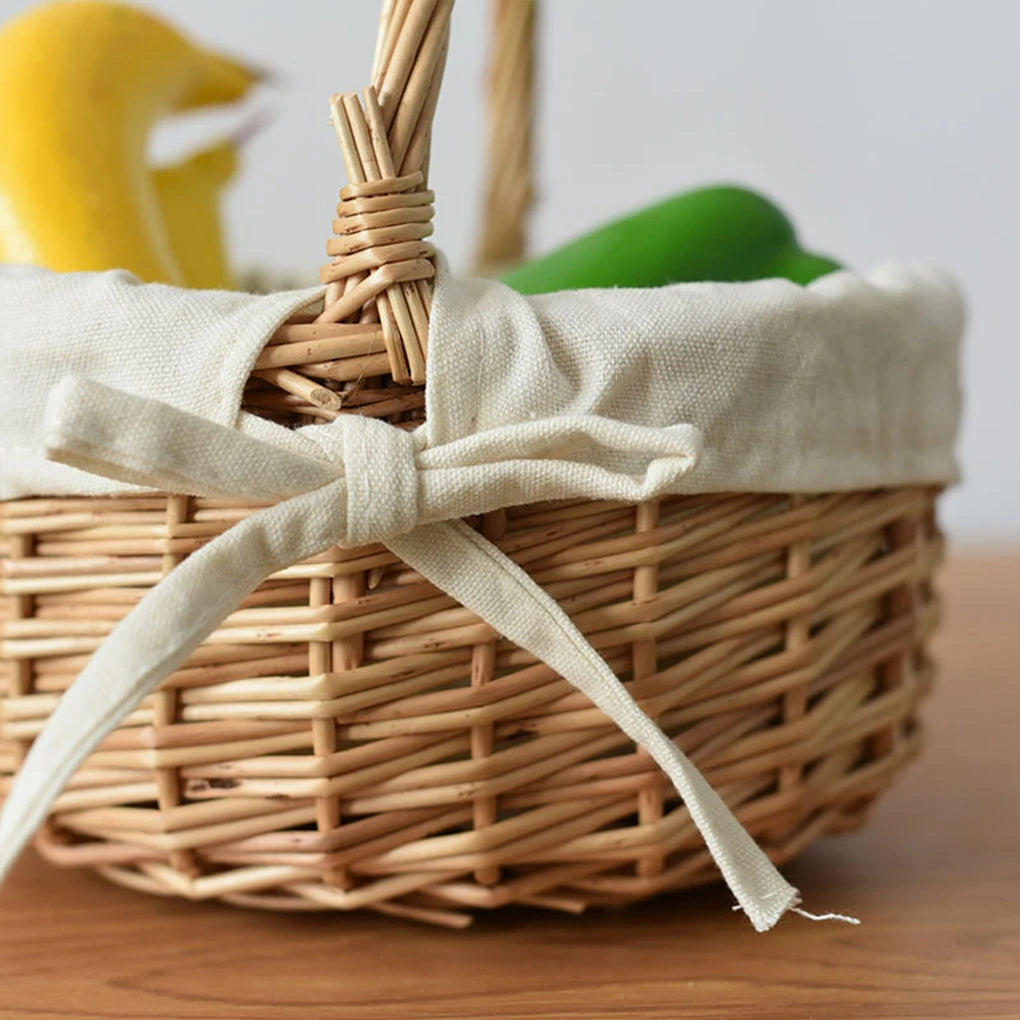Tote Basket Mini Plus Cloth Lining Rattan Woven Weaving Bamboo Flower Basket with Washable Lining for Hiking Camping Picnic