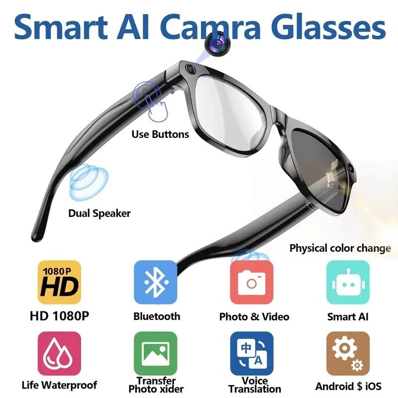Lenovo AI Smart Glasses With 8K 1200mp Camera Chat Gpt Touch Sport Sunglasses Music Player Bluetooth Calling Voice Assistant