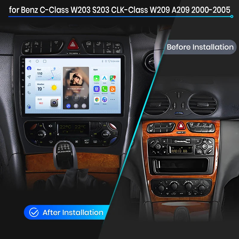 Junsun Wireless CarPlay Android Auto Car Radio For Mercedes-Benz C-Class (W203) / CLK-Class (C209/A209) 2000-2009 Built-in Cooling Fan Android GPS Navigation Multimedia Player WiFi DSP RDS BT SWC IPS Touch Screen Autoradio Vi
