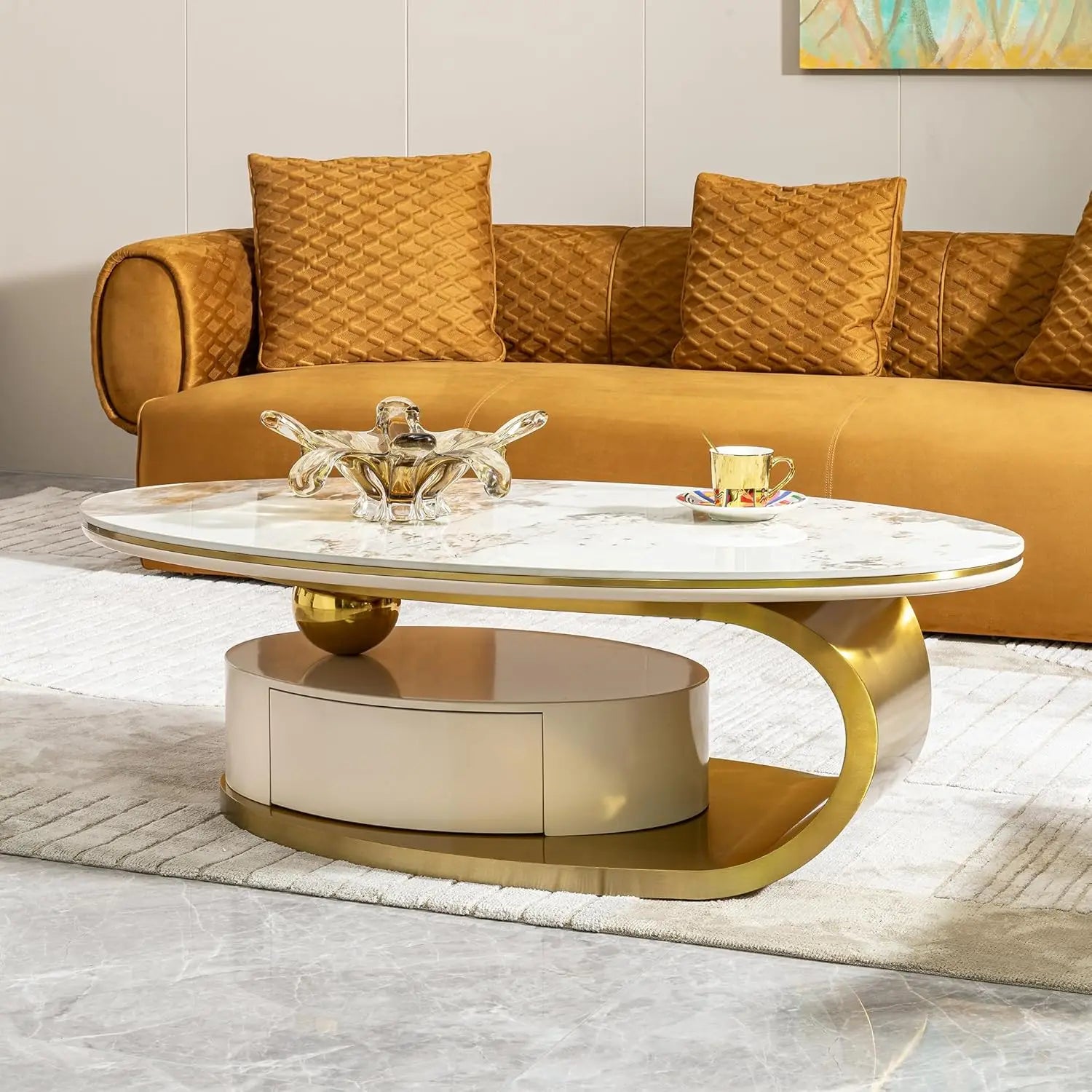 Modern Coffee Table with Silver Stainless Steel Pedestal,Oval Living Room Table with Faux Marble Top & Luxury, Customized