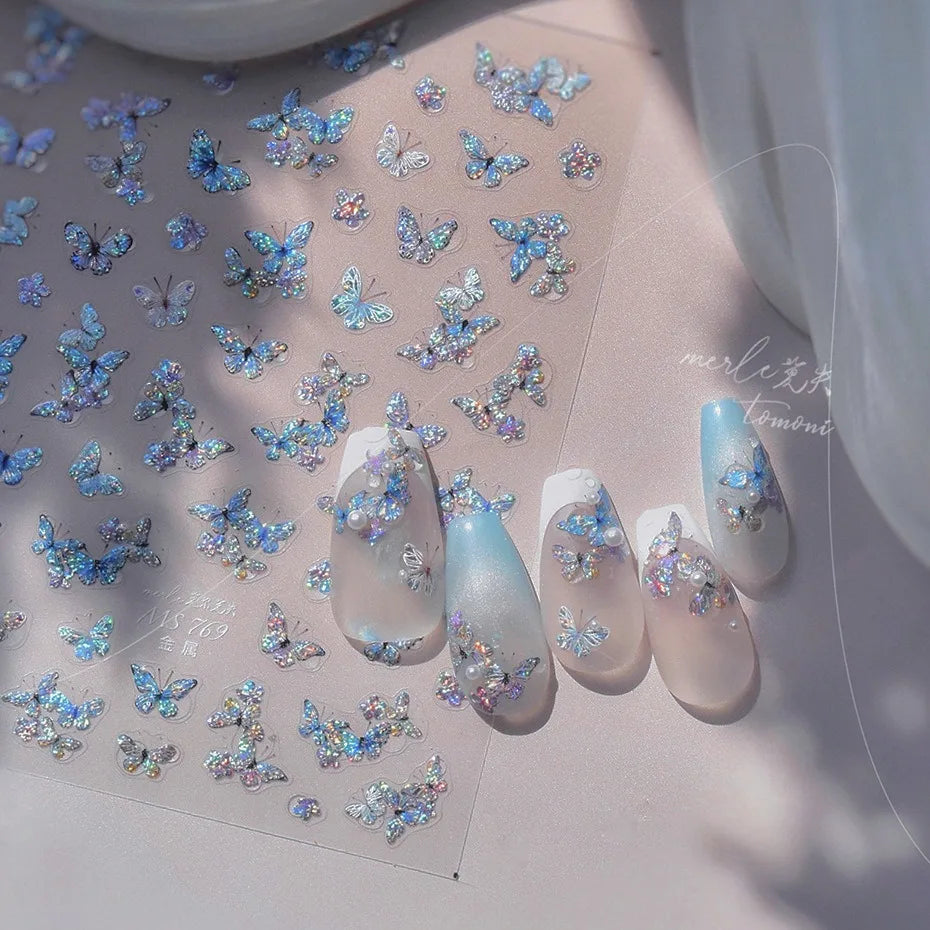Red Butterfly 5D Nail Sticker Nail Art Decoration Spring Flowers Nail Art Decal Relief Sticker Press on Nails