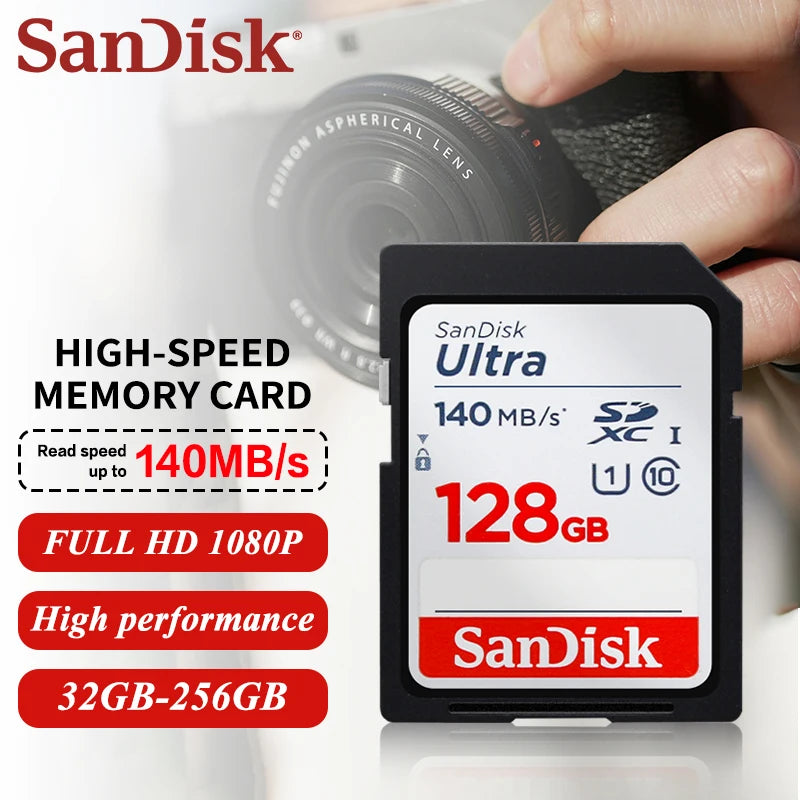 SanDisk Ultra SDXC UHS-I Card 64GB 128GB 256GB 512GB SDHC Memory Card 32GB for Camera Max 140Mb/s Original SD Card HD Video Card
