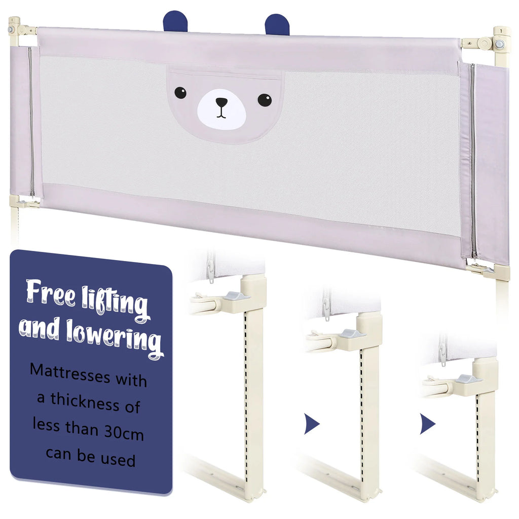 30-level adjustable baby bed barrier metal frame Anti-drop light gray breathable fabric with cute pattern, cm/cm