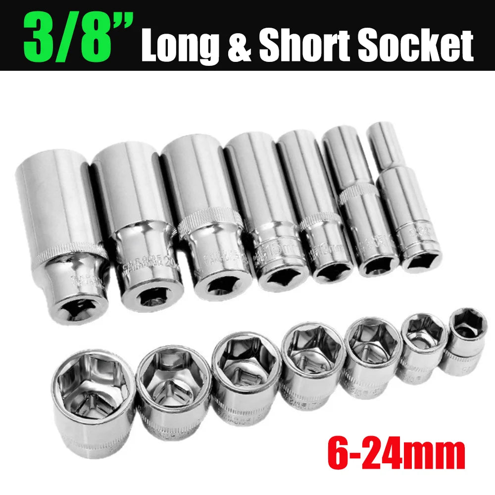 3/8 inch Short Long Socket Set CRV 6-24mm Deep Socket Adapter for Torque Ratchet Socket Wrench Spanner Repair Hand Tool