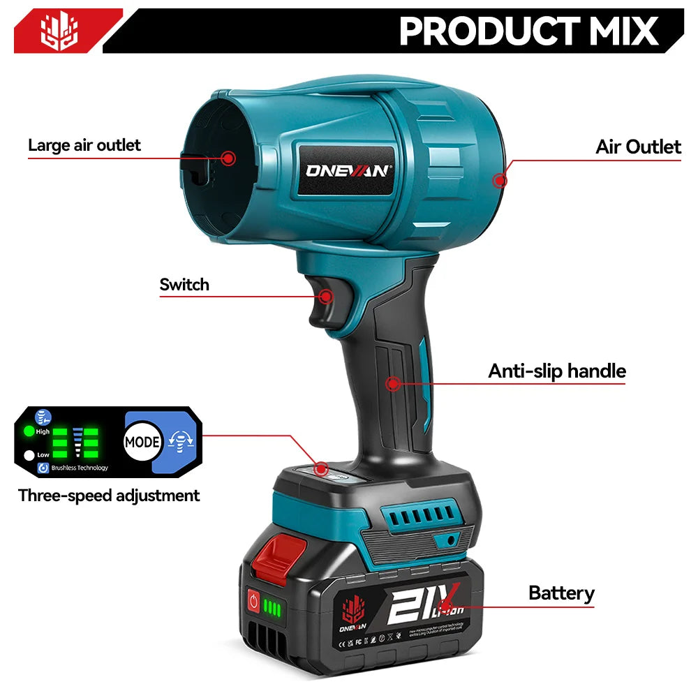 ONEVAN 3500W Brushless Electric Turbo Blower Jet Fan 350M/S 4 Nozzles Leaf Blower Dust Blowing Tool For Makita 18V Battery Pin