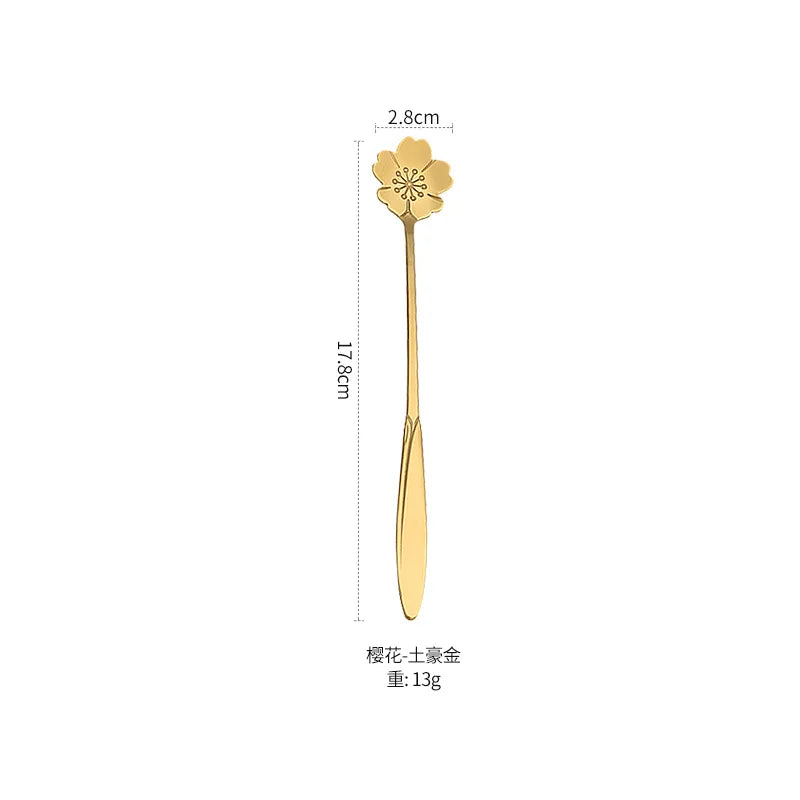 1pcs Stainless Steel Cherry Rose Flower Gold Scoop Coffee Spoon Gifts Kitchen Dessert Tea Accessories Tableware Decoration