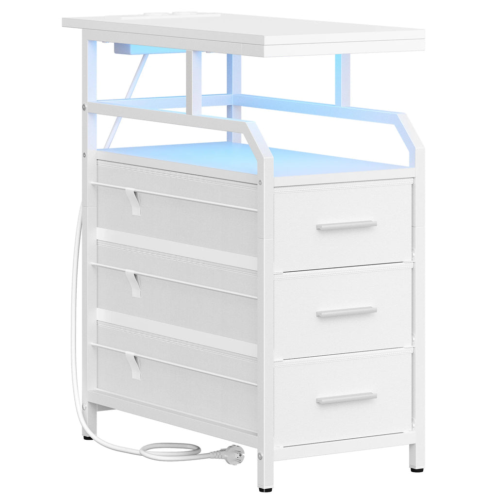 Side Table with Power Strip, Bedside Table with LED Light, Nightstand with 3 Drawers, 2 AC Outlets and 2 USB Ports