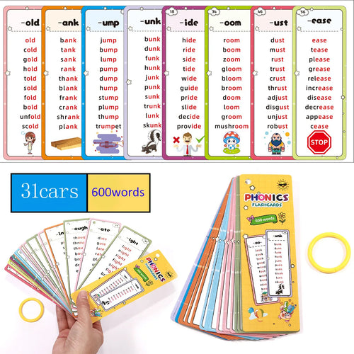 31 Sheets Flash Card 600 Words Phonics Children's Early Childhood Education Kit Portable Memory for Natural Phonics