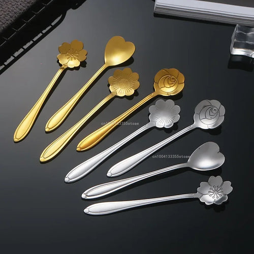 1pcs Stainless Steel Cherry Rose Flower Gold Scoop Coffee Spoon Gifts Kitchen Dessert Tea Accessories Tableware Decoration