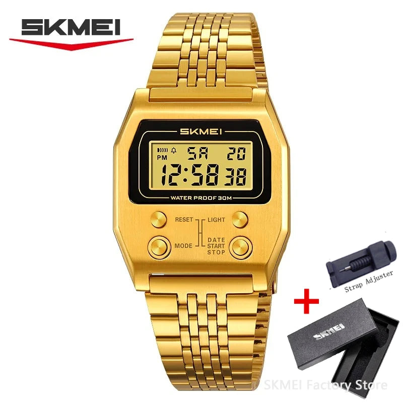 SKMEI 2460 Mens Wristwatches Stainless Steel Sport Luxury Retro LED Electronic Waterproof Digital Watch for Men Reloj Hombre
