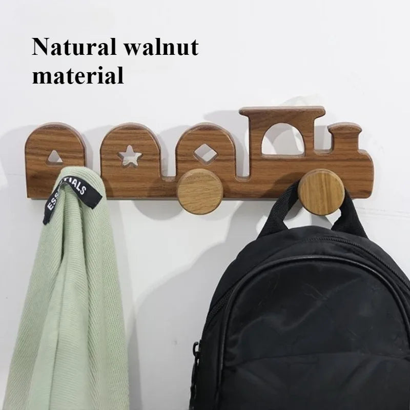 Walnut Wood Coat Racks Creative Locomotive Clothes Hook Retro Living Room Simple Wall Storage Hook Home Decoration Accessories
