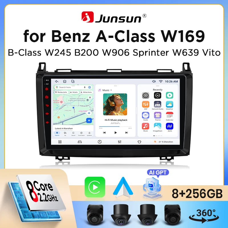 Junsun Wireless CarPlay Android Auto Car Radio For Mercedes-Benz A-Class (W169) / B-Class (W245) / Sprinter (W906) / Vito (W639) Built-in Cooling Fan Android GPS Navigation Multimedia Player WiFi DSP RDS BT SWC IPS Touch Scre