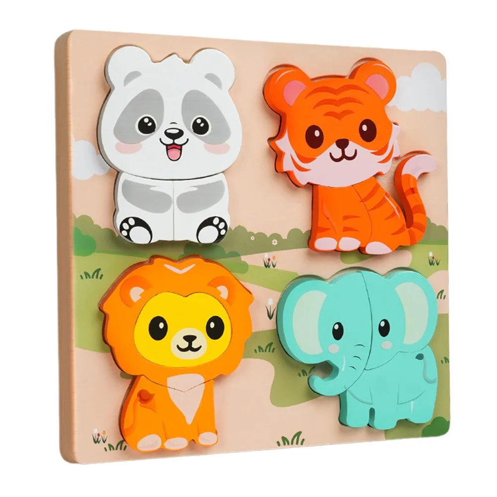 Multicolor Wooden 3D Puzzle Fruits Dinosaur Hand-eye Coordination Early Education Puzzle Cartoon Animal English Learning Puzzle