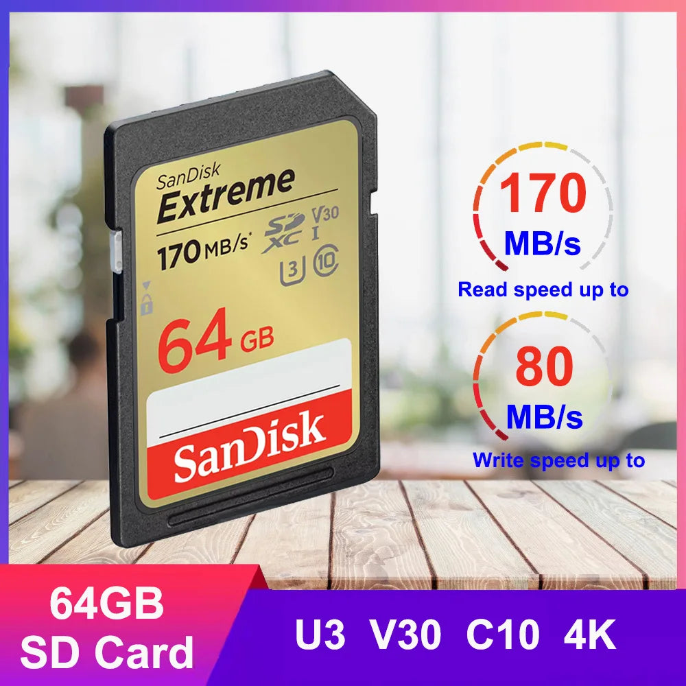 SanDisk SD Card 32GB SDHC 64GB 128GB 256G SDXC SD Card C10 Memory Cards Up to 200MB/s Read U3 V30 Flash Cards 4K UHD for Camera