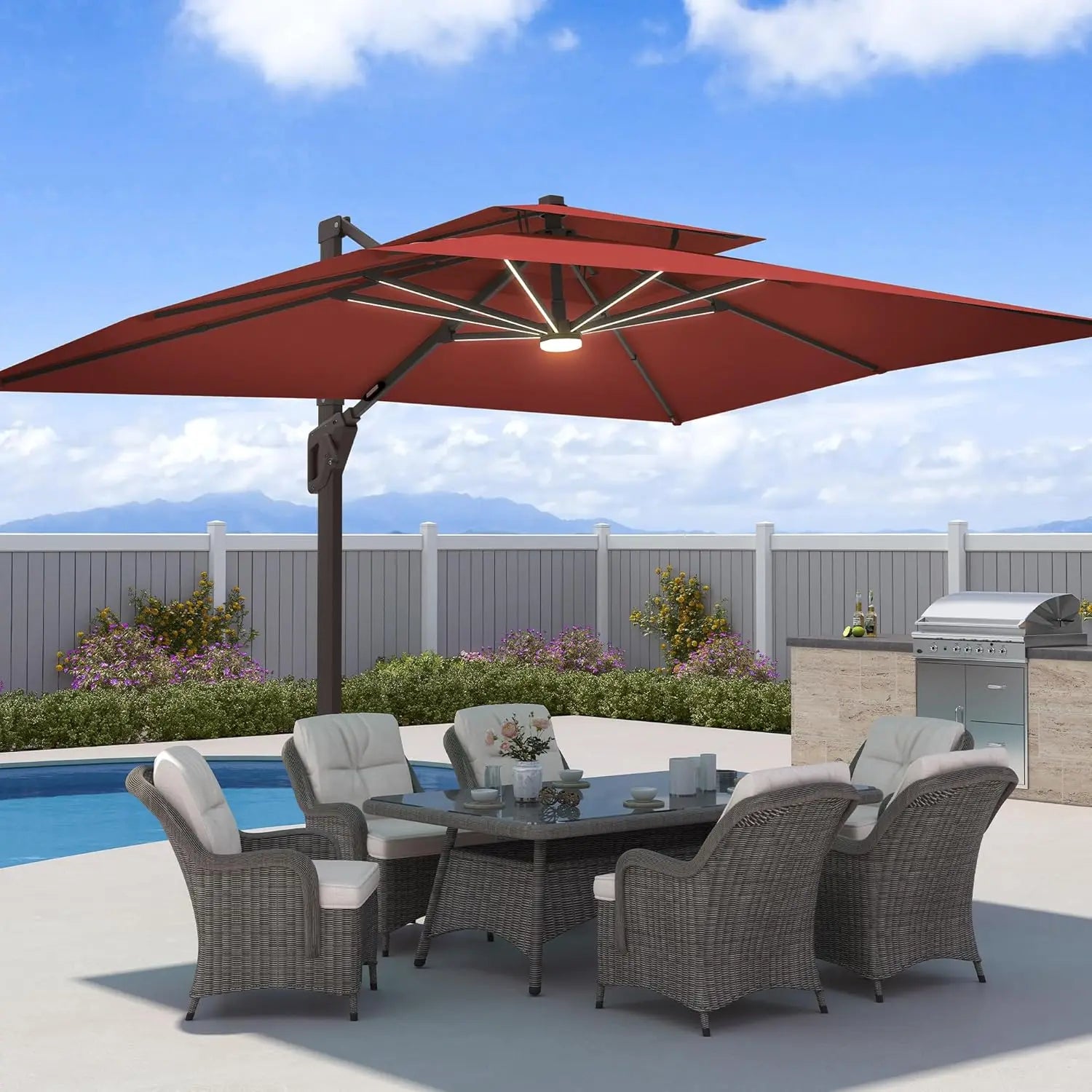 9x12 FT Patio Umbrella with LED Lights Cantilever Outdoor Large Heavy Duty Rectangle Aluminum Offset Umbrellas, Customized