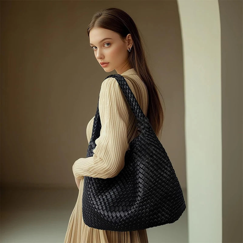 Woven Tote Bag for Women Large Woven Handbag Soft Leather Shoulder Bag Work Shopper Summer Beach Travel Tote Bag with Purse