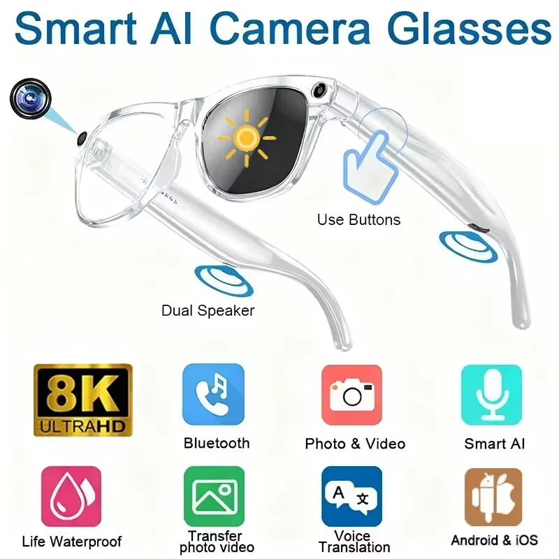 Lenovo Bluetooth 8K Smart AI Touch Glasses Camera With 800w Sport ChatGpt4.0 Sunglasses Calling Music Player For Men Women Gifts