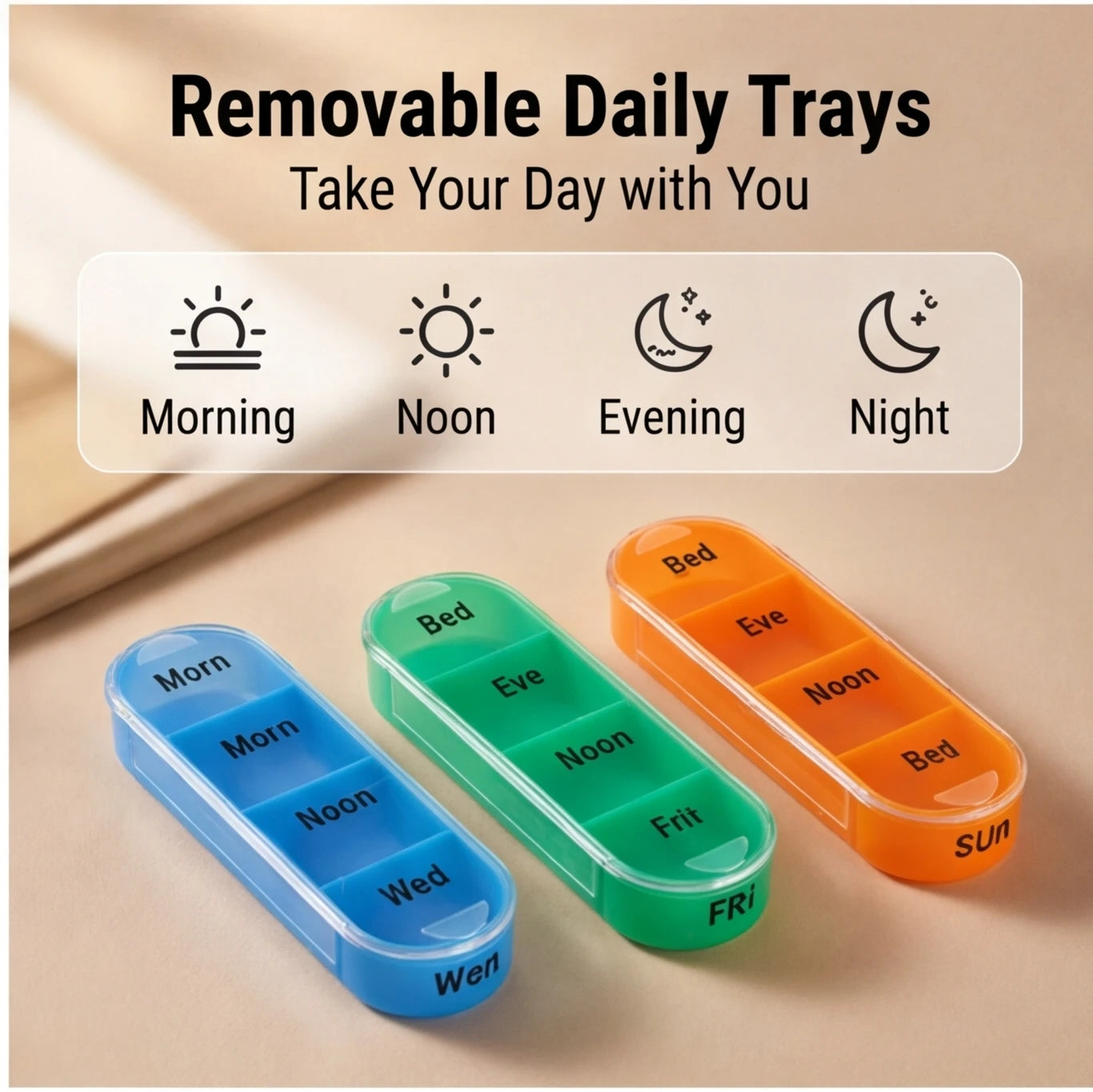 Portable 7 Days Pill Box – Colorful Stackable Design, 4 Times a Day Medicine Organizer, Plastic Storage Dispenser