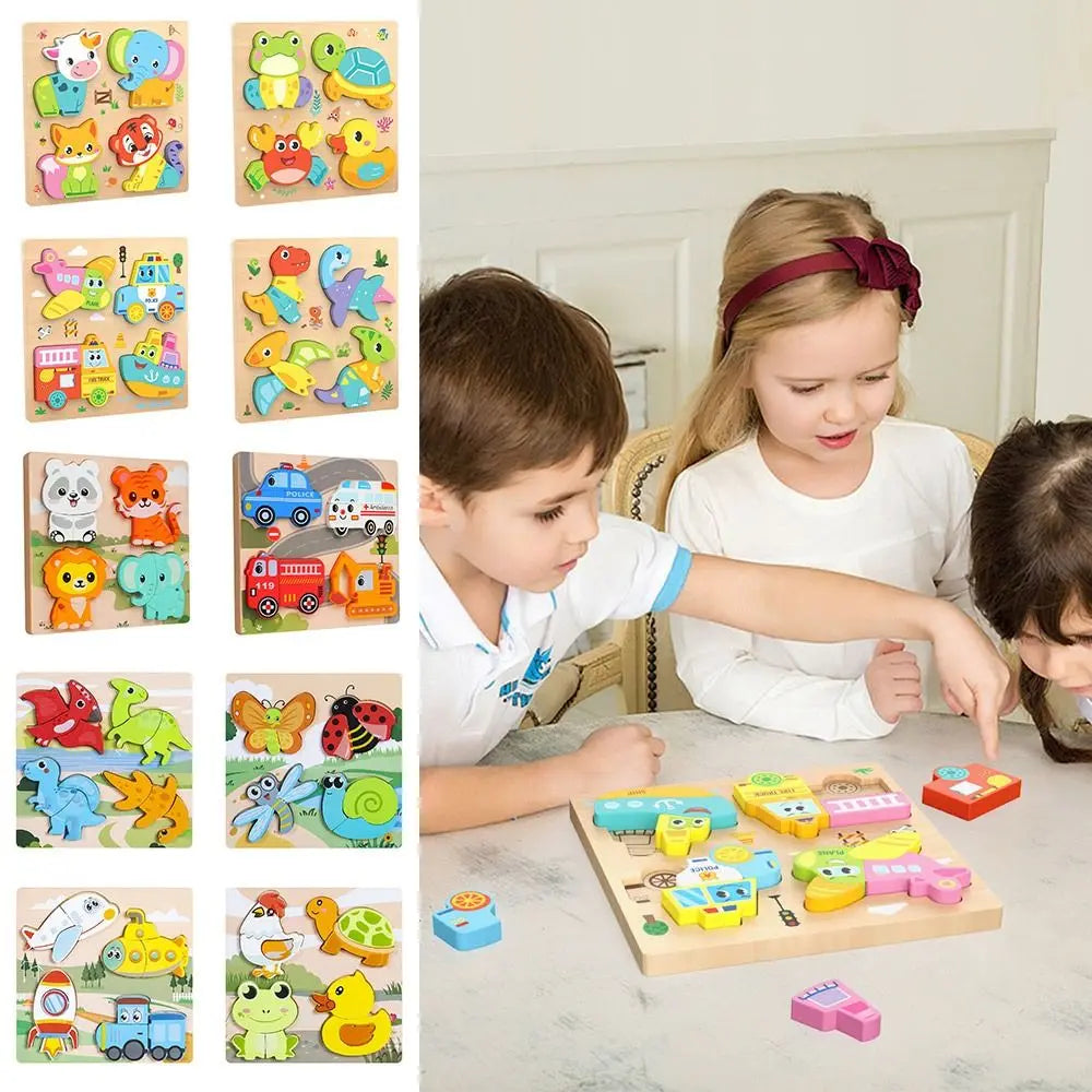Multicolor Wooden 3D Puzzle Fruits Dinosaur Hand-eye Coordination Early Education Puzzle Cartoon Animal English Learning Puzzle