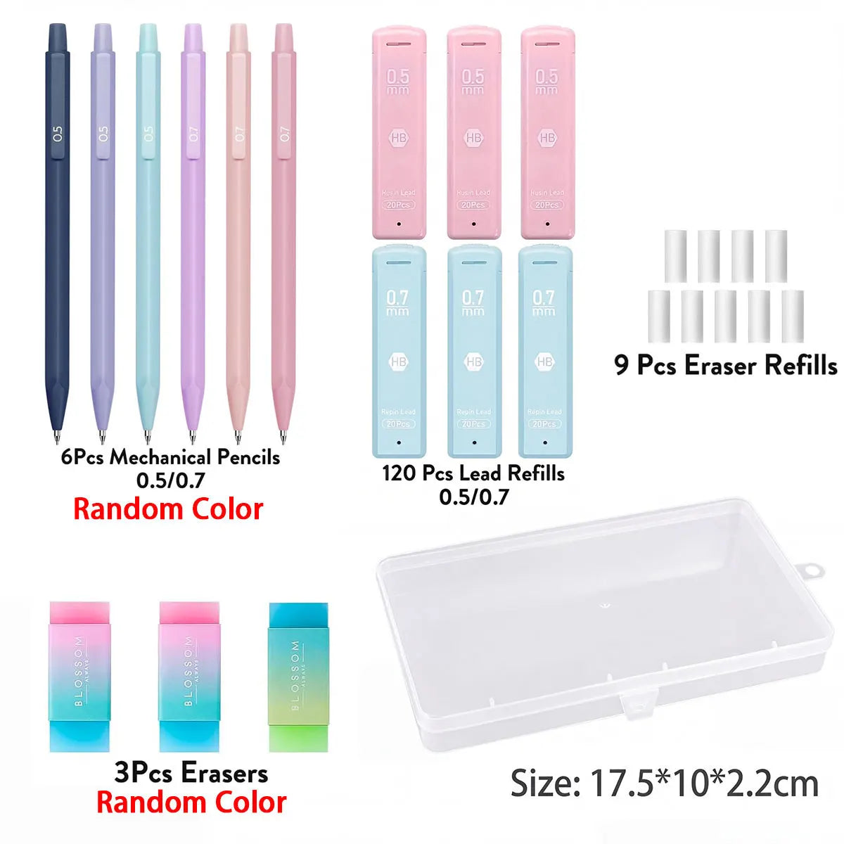 Cute Mechanical Pencil Set 6 Pastel Mechanical Pencils 0.5 0.7mm 120 HB Leads 3 Erasers 9 Eraser Refills Aesthetic School Supply