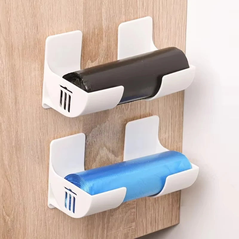Wall Mounted Trash Bag Holder Plastic Waste Bag Dispenser Rack Self-adhesive Storage Shelf Holder For Kitchen Bathroom Organizer