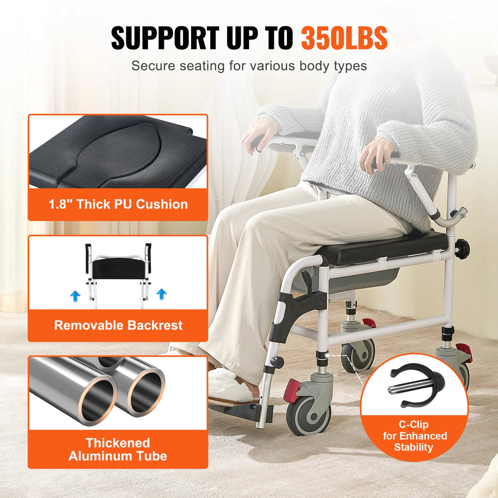 SucceBuy Shower Commode Wheelchair with 4 Lockable Wheels Footrests Flip-up Arms 3-Level Adjustable Height 5L Removable Bucket